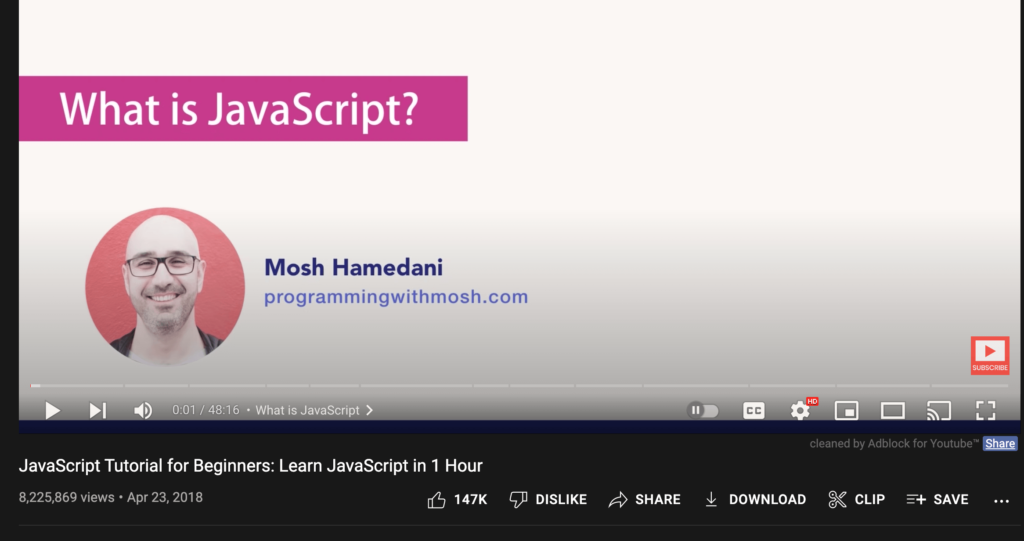 Youtube Javascript tutorial screenshot