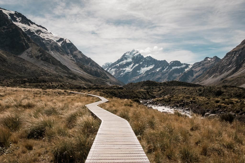 mountain landscape with a wooden pallet road